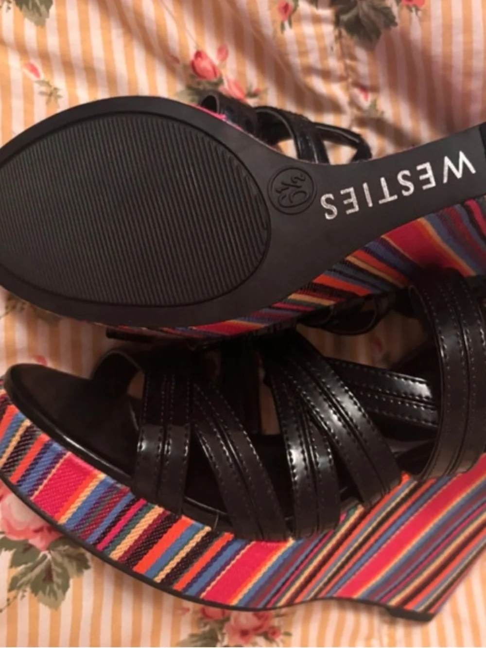 Black Strappy Wedge Sandals with Multicolor Stripe Platform